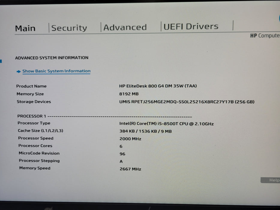 HP EliteDesk 800 G4 Micro 35W Core i5-8500T 2.10GHz 8GB DDR4 256GB NVMe Wi-Fi