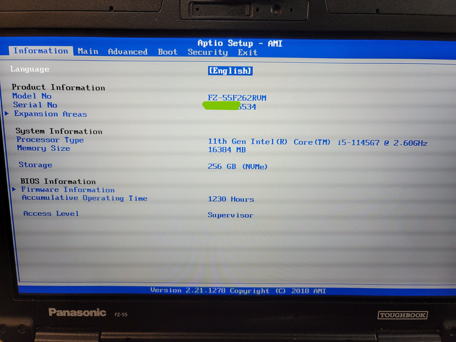 Panasonic ToughBook FZ-55 Mk 2 i5-1145G7 16GB DDR4 256GB NVMe Touch READ 1.2KHrs