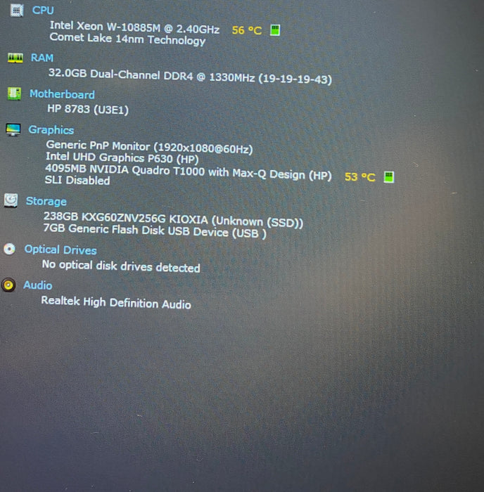 HP ZBook Fury 15 G7 XEON W-10885M 2.4GHz QUADRO T1000 4GB GPU 16GB RAM 256GB SSD