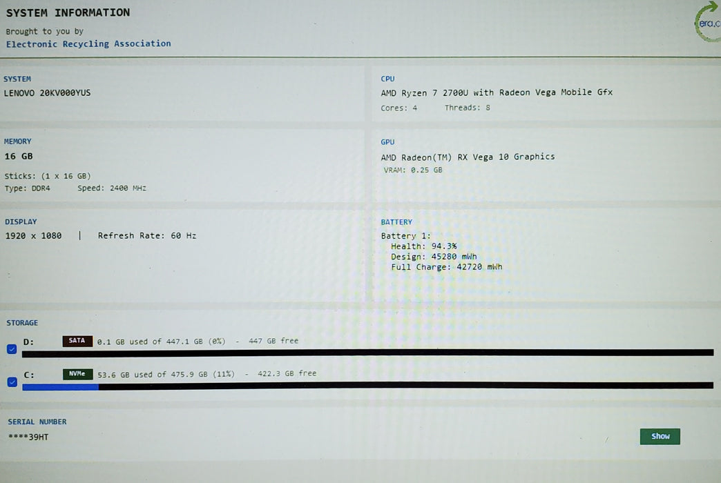 LENOVO THINKPAD E585 RYZEN 7 2700U@1.90 16GB RAM 512GB NVMe+500GB SSD
