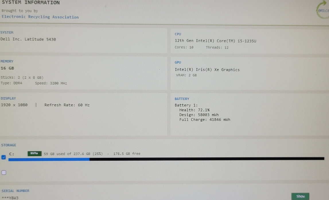 Dell Latitude 5430 i5-1235U 16GB DDR4 256GB NVMe No Adapter READ