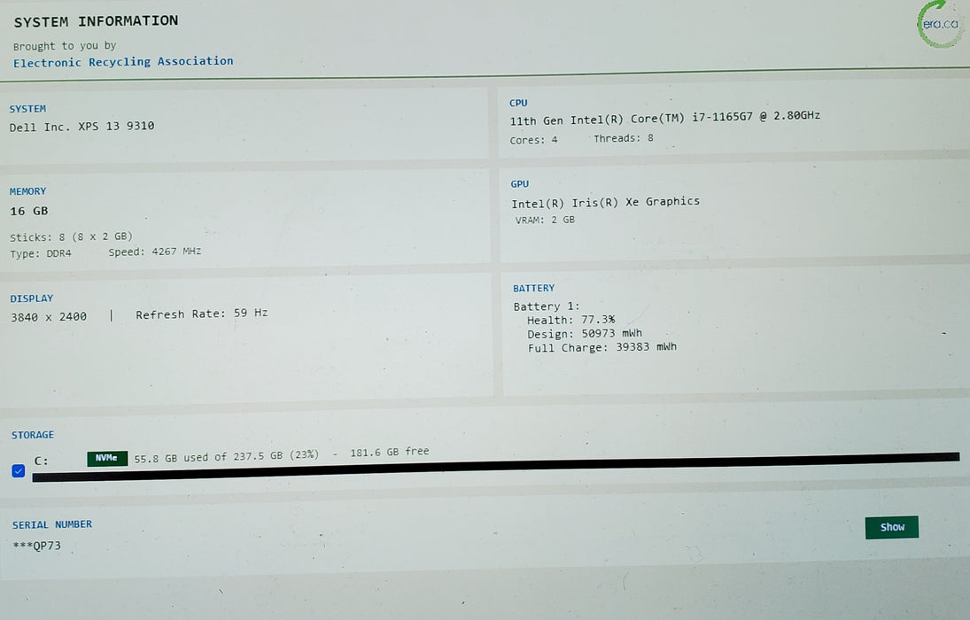 Dell XPS 13 9310 4K Touch i7-1165G7 @2.80GHz 16GB DDR4 256GB NVMe