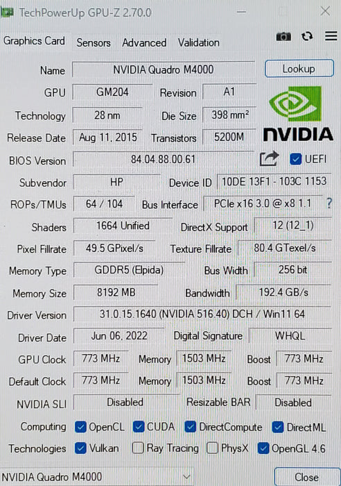 Nvidia Quadro M4000 8GB GDDR5 Graphics Card | 4x Display Port