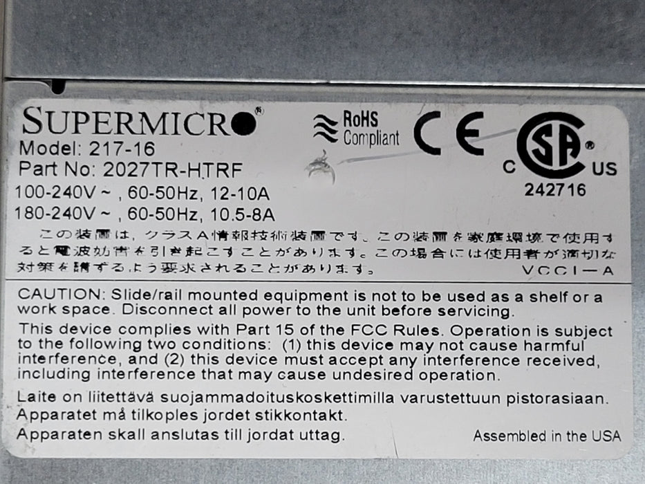 SuperMicro 217-16 X9DRT 4-Node Server, 8x Xeon E5-2620 2.0GHz, 384GB DDR3, 2xPSU