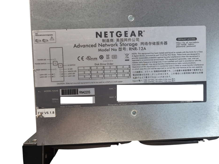 NETGEAR RNR-12A RN4220S NAS 4220 12-Bay Server w/ 12x 1TB 3.5" HDD