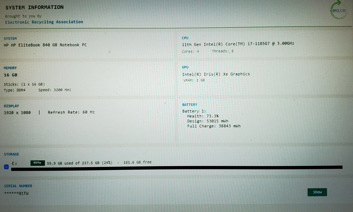HP EliteBook 840 G8 Intel Core i7-1185G7 3.00GHz 16GB RAM 256GB SSD