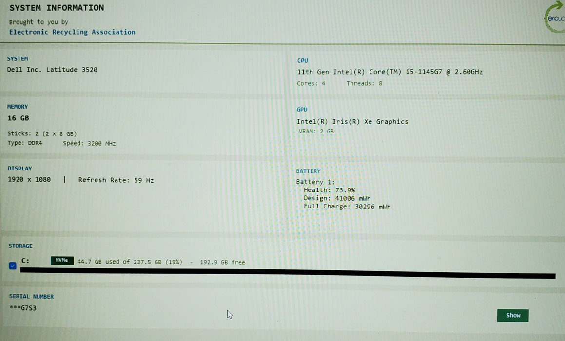 Dell Latitude 3520 i5-1145G7 16GB DDR4 256GB NVMe READ