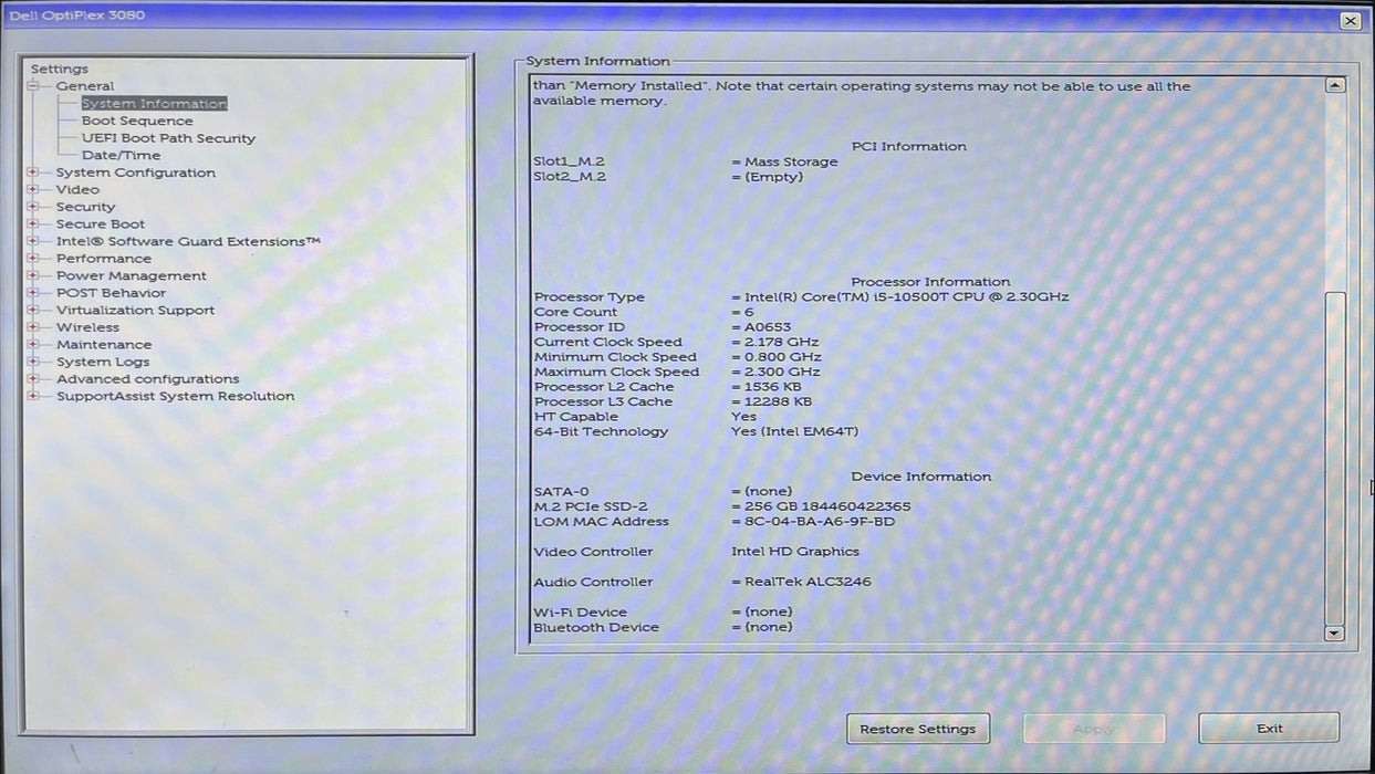 Dell OptiPlex 3080 Micro, i5-10500T 2.30GHz, 16GB DDR4, 256GB NVMe, 65W PWR