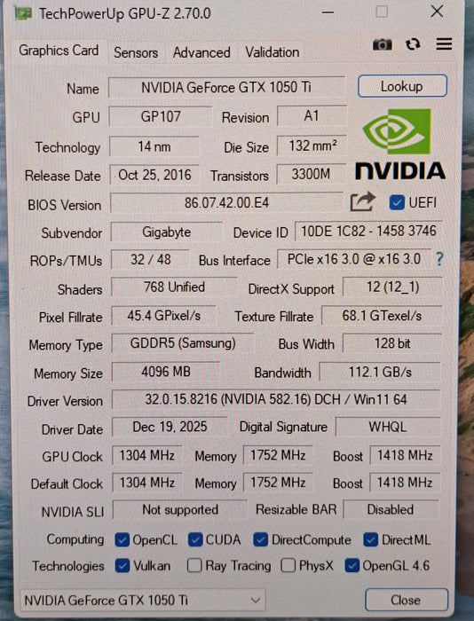 Gigabyte NVIDIA GeForce GTX 1050 Ti 4GB GDDR5 Low Profile Graphics Card