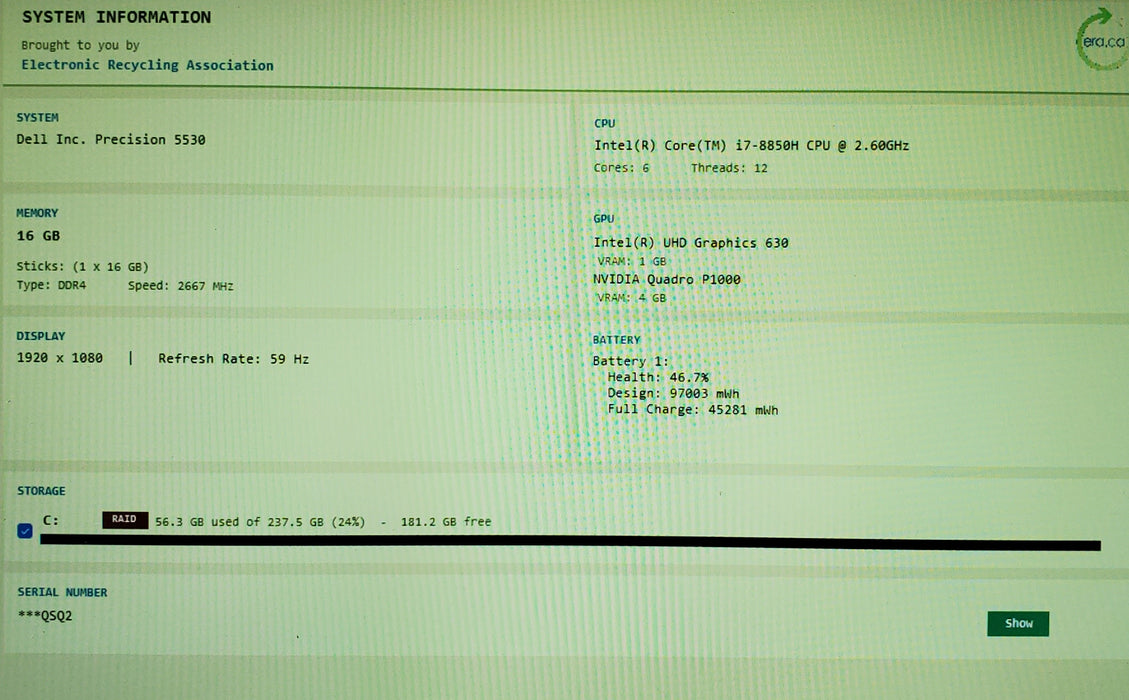 Dell Precision 5530 i7-8850H QUADRO P1000 4GB GPU 16GB RAM 256GB SSD READ