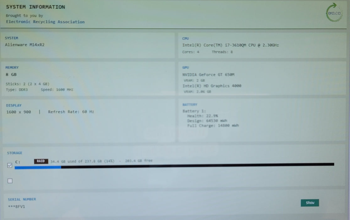 RETRO GAMING Alienware M14xR2 i7-3610QM 8GB DDR3 GT650M 256GB SSD READ