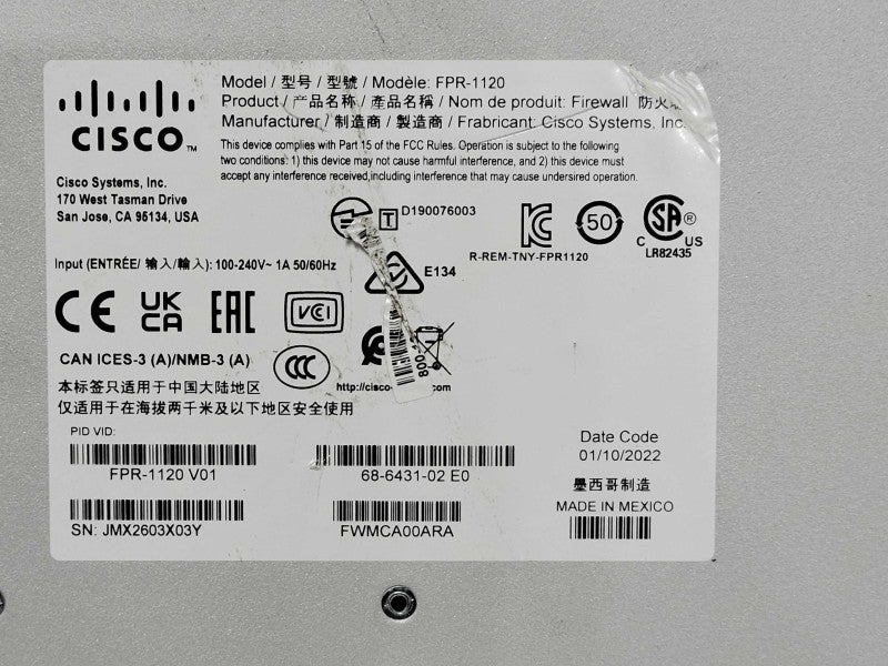 Cisco Firepower FPR-1120 Security Firewall Device w/ FPR1K-SSD200 1x PSU _
