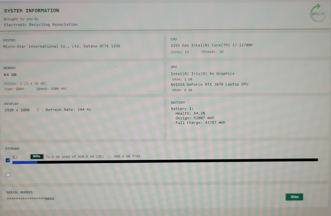 MSI Katana GF76 i7-12700H 64GB DDR4 RTX 3070 1TB NVMe