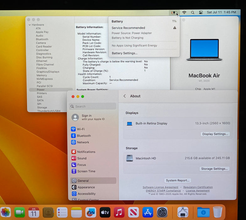 Apple MacBook Air 13" 2020 M1 8GB RAM 256GB SSD Faulty Battery For Parts/Repair