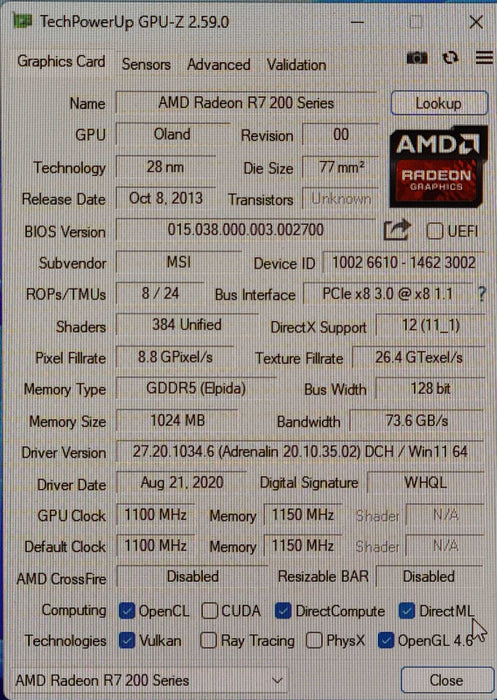 MSI Radeon R7 250 1GB GDDR5 Graphics Card