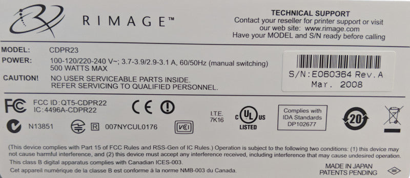 Rimage Everest 600 CD/DVD Thermal Printer Model CDPR23