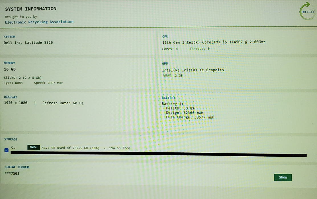 Dell Latitude 5520 Core i5-1145G7@2.60GHz 16GB RAM 256GB NVME READ