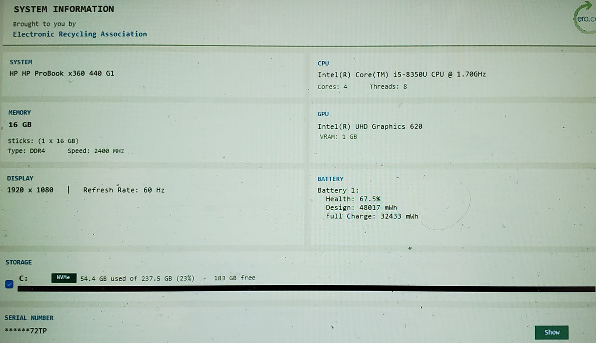 HP ProBook x360 440 G1 i5-8250U 1.60GHz 16GB RAM 256GB SSD