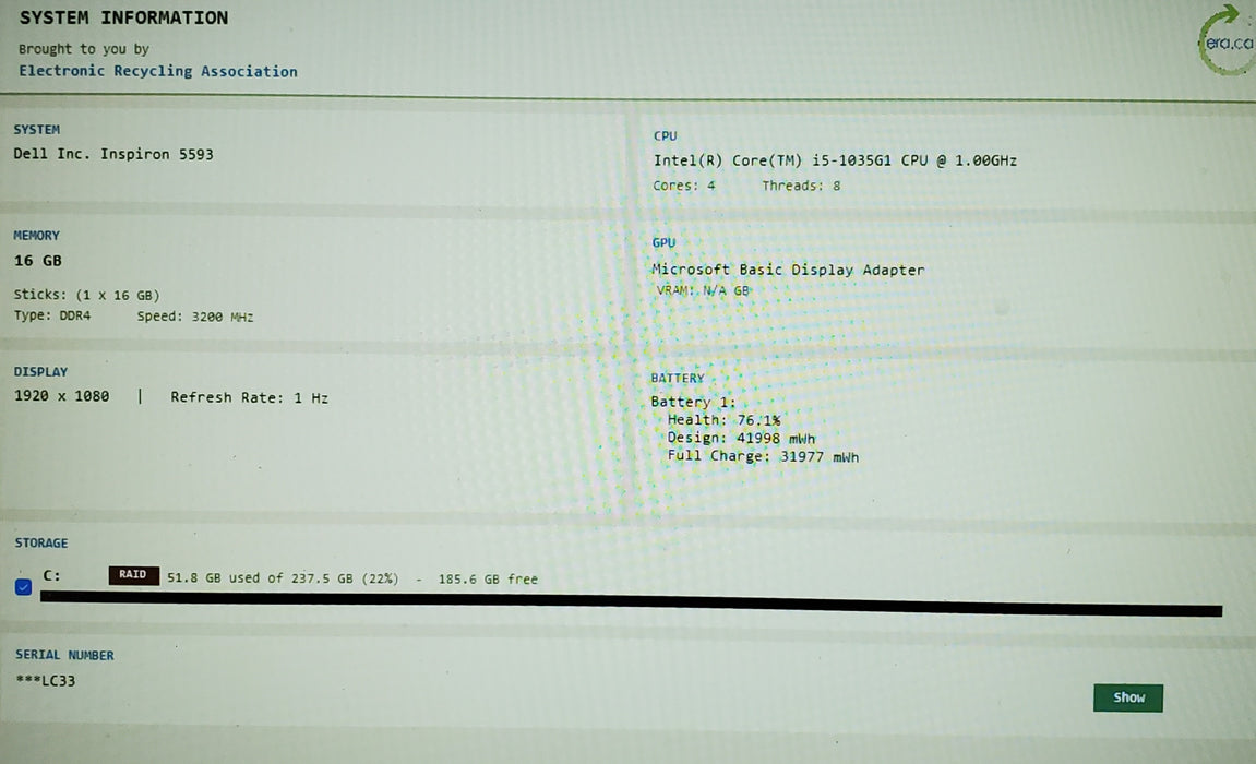 Dell Inspiron 15 5593 TOUCH i5-1035G1 16GB RAM 256GB SSD