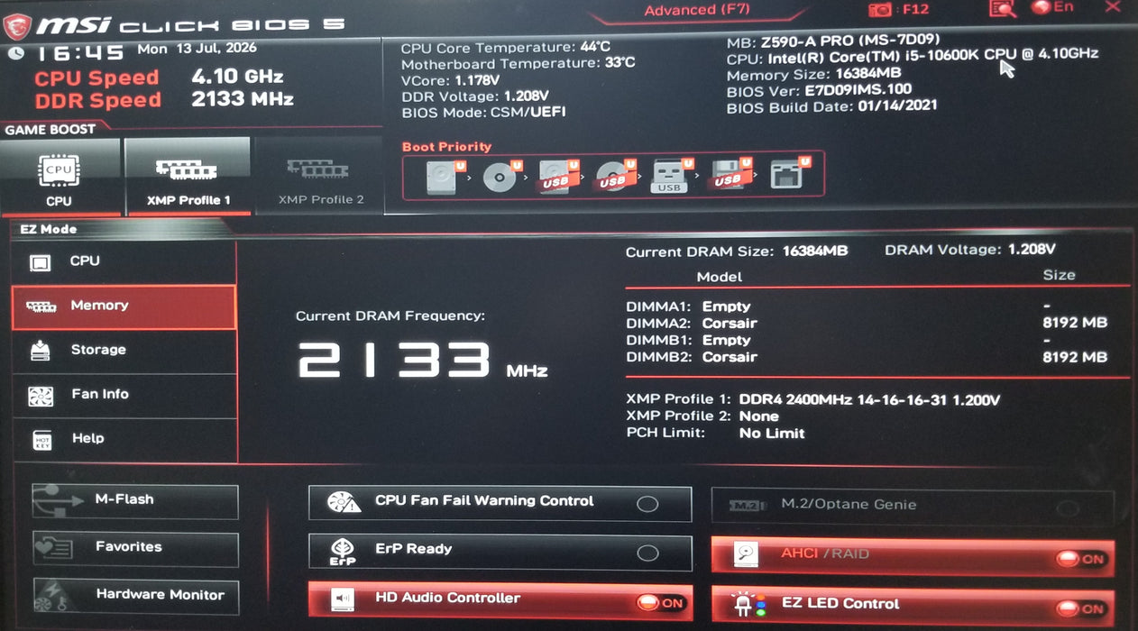 Custom Pc w/ MSi Z590-A Pro Core i5-10600K CPU 16GB RAM No HDD Read