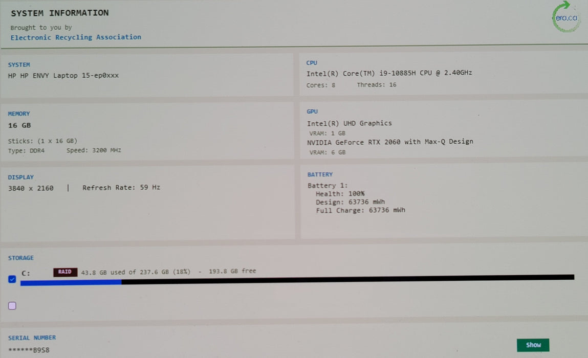 HP Envy 15-ep0xxx i9-10885H 16GB DDR4 RTX 2060 256GB NVMe 4K Touch