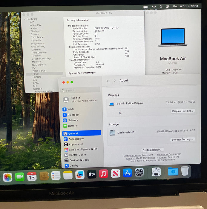 Appl MacBook Air 13" M1 2020 8GB RAM 256GB SSD No Power Adapter READ!