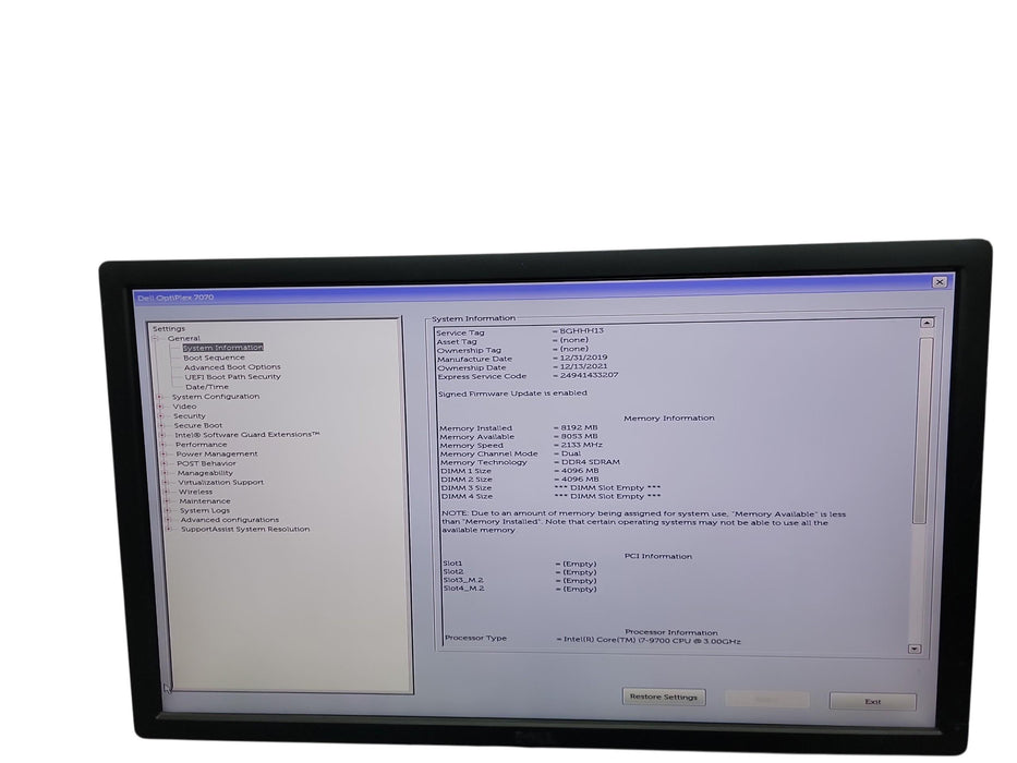 Dell Optiplex 7070 SFF i7 - 9700 @ 3.00GHz 8GB DDR4 Ram No HDD