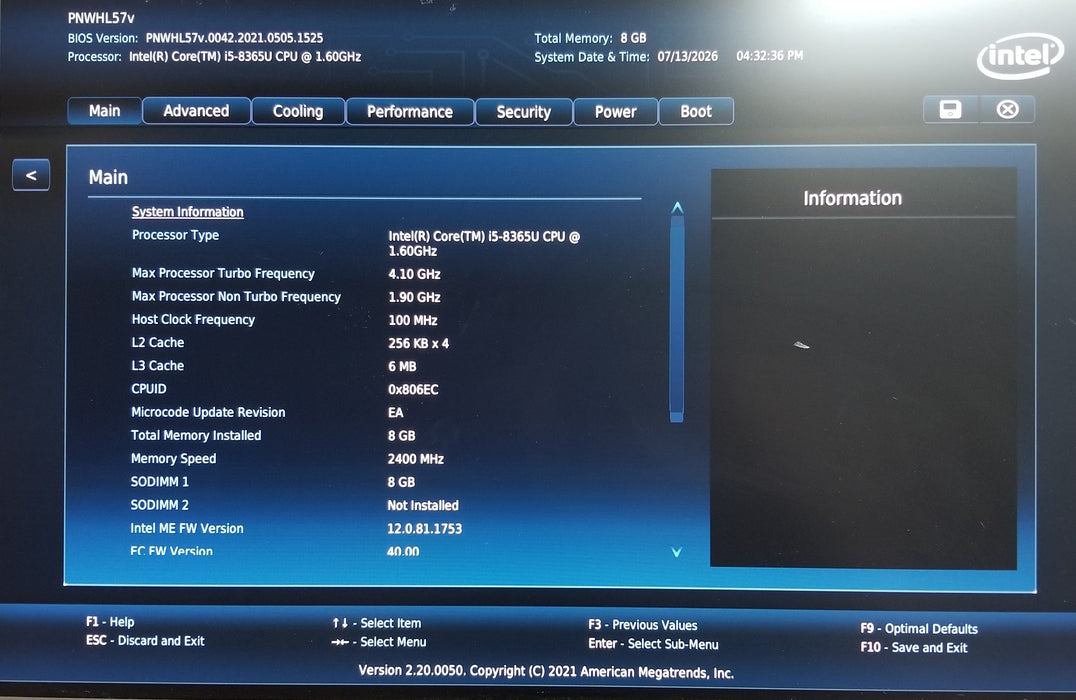 Intel Nuc BNKNUC8v5PNK Desktop i5-8365U CPU 8GB No HDD No OS