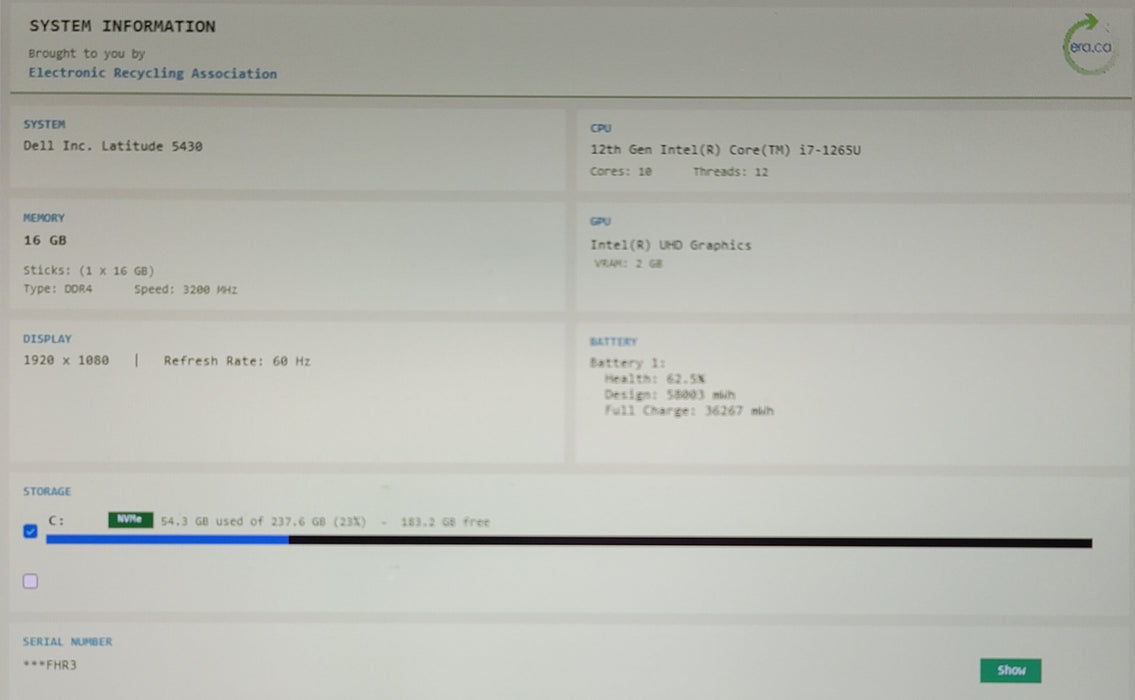 Dell Latitude 5430 i7-1265U 16GB DDR4 256GB NVMe READ NO ADAPTER