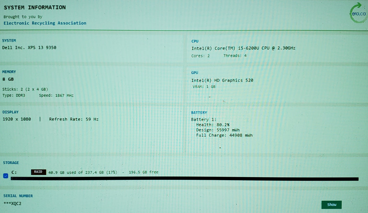 Dell XPS 9350 13 inch Laptop Intel Core i5-6200U 8GB RAM 256GB SSD