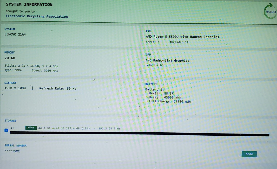 Lenovo Thinkbook 15 G3 ACL AMD Ryzen 5 5500U 20GB RAM 256GB SSD