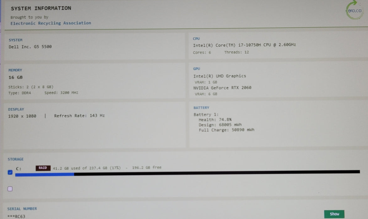 Dell G5 5500 i7-10750H 16GB DDR4 RTX 2060 256GB NVMe