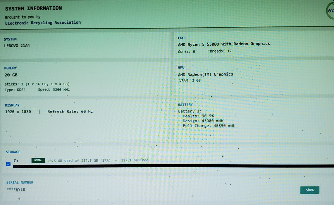 Lenovo Thinkbook 15 G3 ACL AMD Ryzen 5 5500U 20GB RAM 256GB SSD