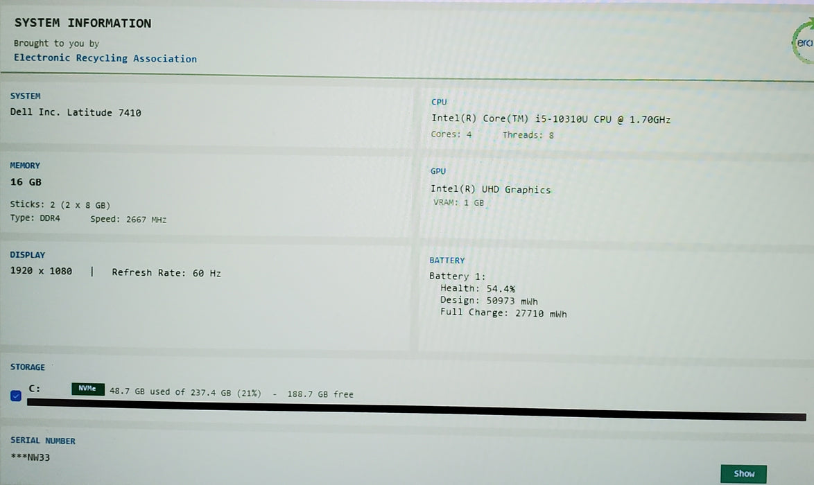 Dell Latitude 7410 i5-10310U @ 1.80GHz 16GB DDR4 256GB NVMe READ