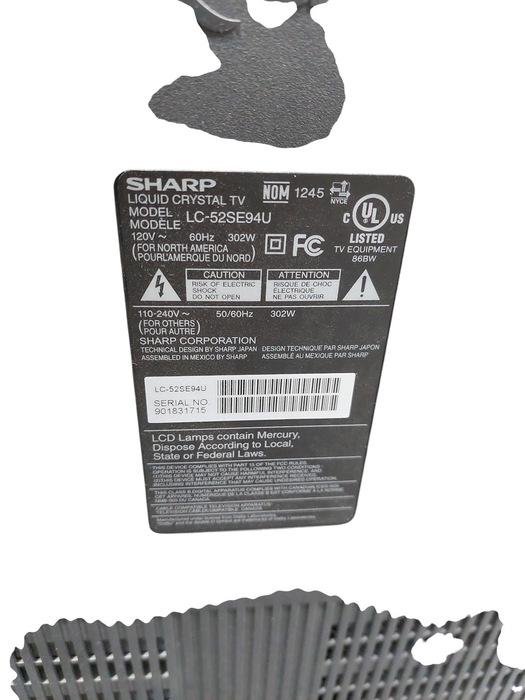 Sharp 52" Aquos Special Edition Liquid Crystal Tv Model: LC-52SE94U