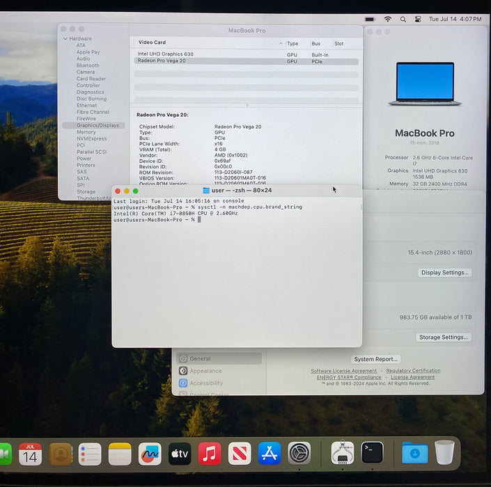 Apple MacBook Pro 15 2018 i-8850H Radeon Pro Vega 20 4GB 32GB RAM 1TB SSD READ!