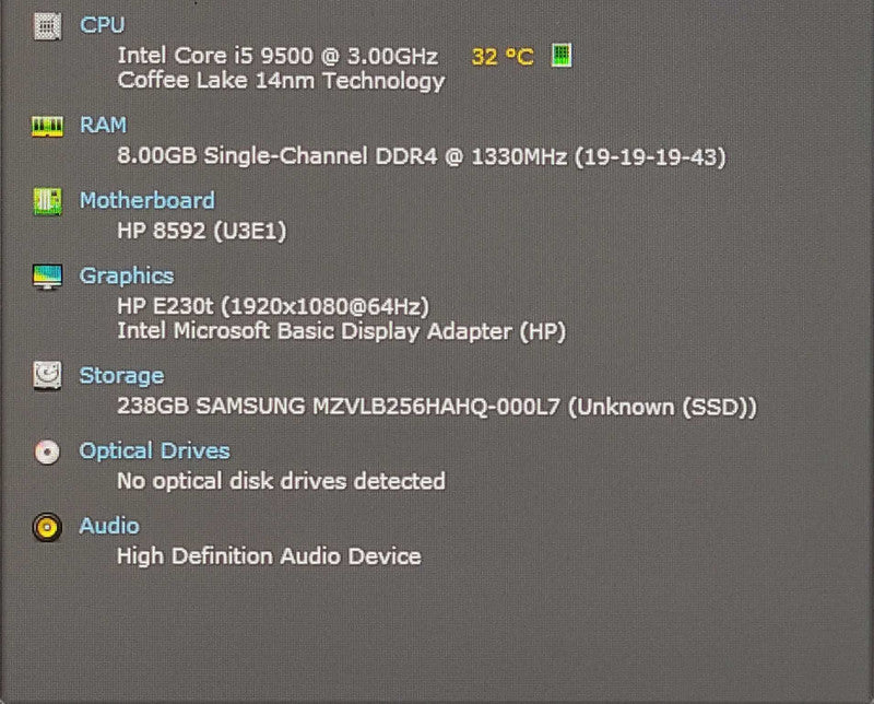 HP EliteDesk 800 G5 SFF, i5 - 9500 CPU 3.00GHz 6C, 8GB DDR4, 256GB NVMe