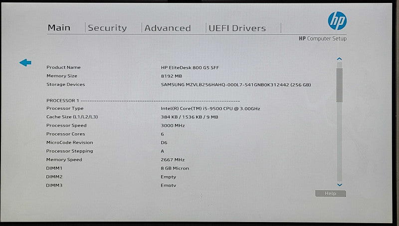 HP EliteDesk 800 G5 SFF, i5 - 9500 CPU 3.00GHz 6C, 8GB DDR4, 256GB NVMe