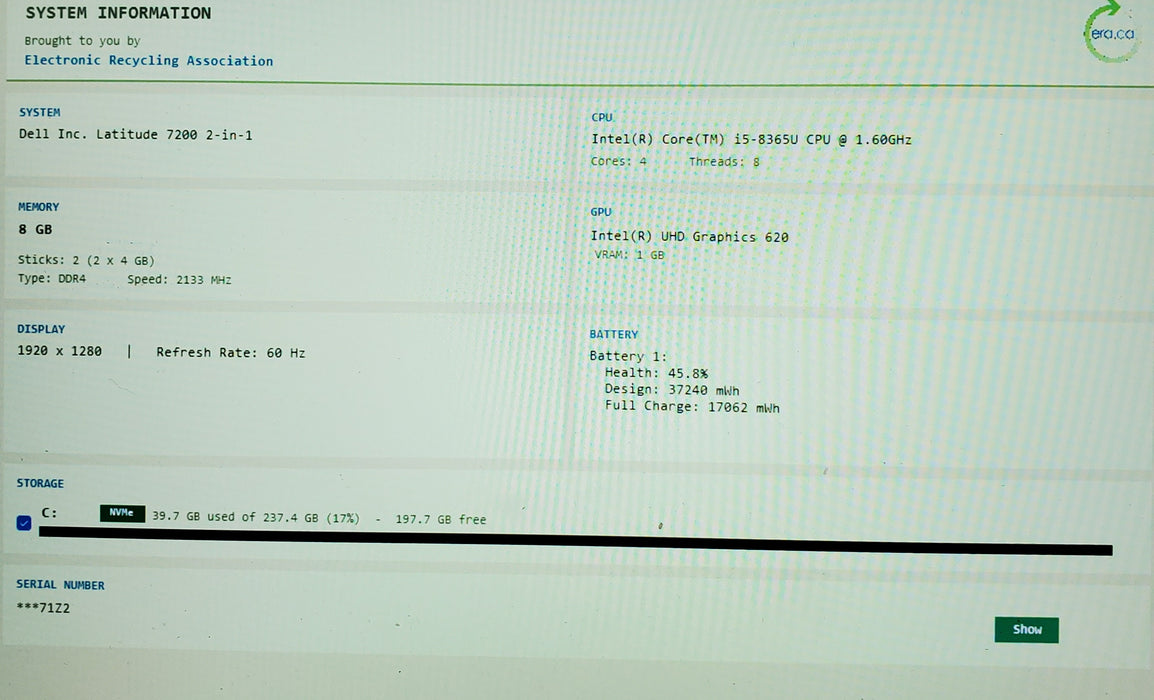 Dell Latitude 7200 2-in-1 TOUCH i5-8365U 8GB RAM 256GB W/ keyboard