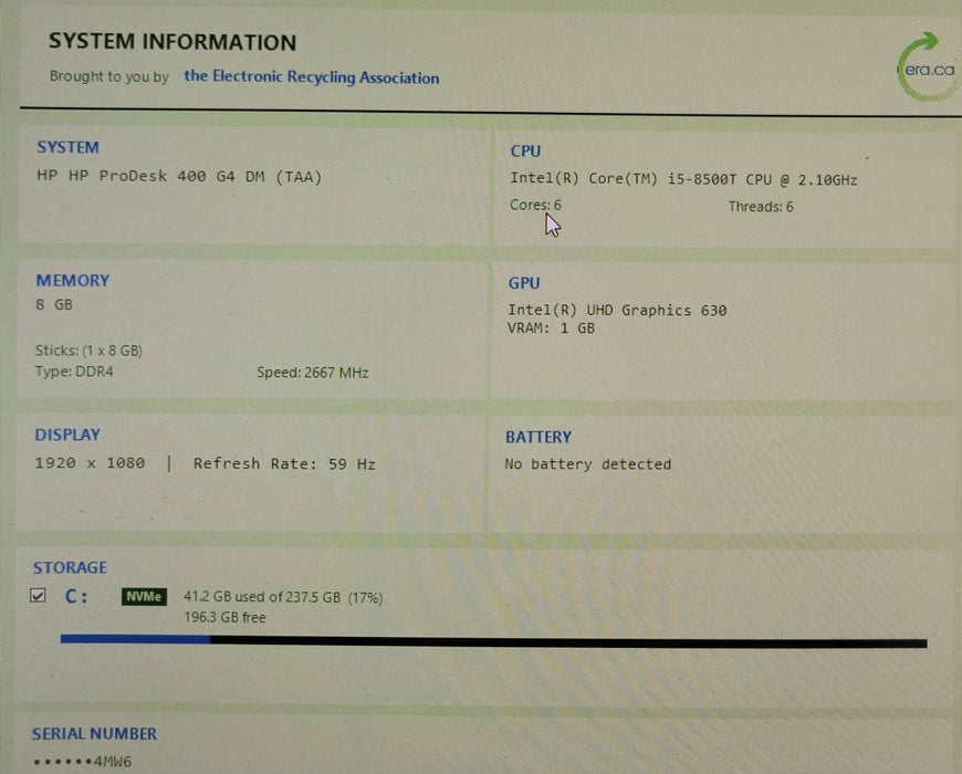 HP ProDesk 400 G4 DM, Core I5-8500T 2.10GHz, 8GB DDR4, 256GB NVMe w/ Power adapt