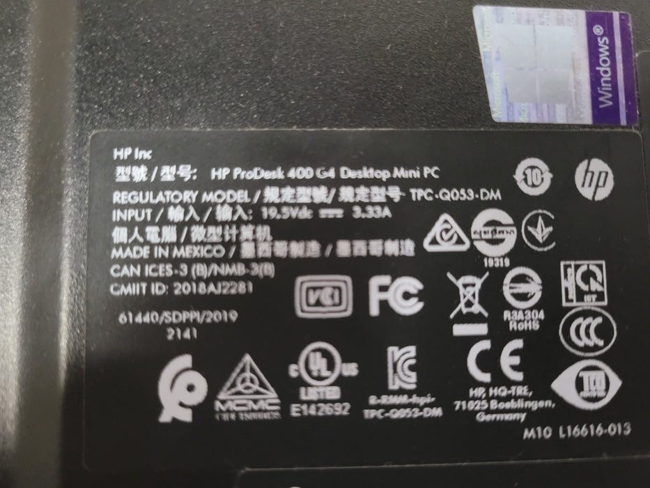 HP ProDesk 400 G4 DM, Core I5-8500T 2.10GHz, 8GB DDR4, 256GB NVMe w/ Power adapt