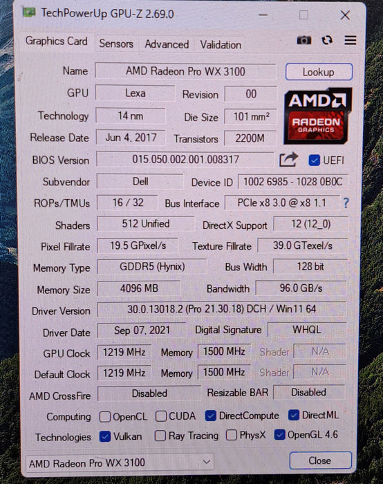 AMD Radeon Pro WX 3100 4GB GDDR5 Low Profile Graphics Card