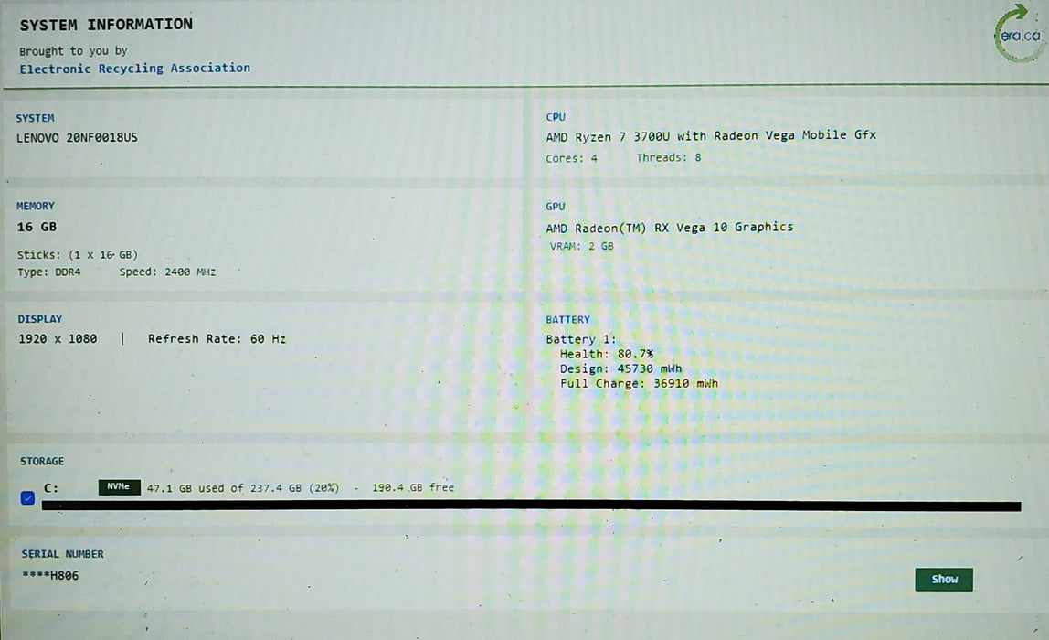 Lenovo ThinkPad E595 AMD Ryzen 7 3700U 16GB RAM 256GB SSD