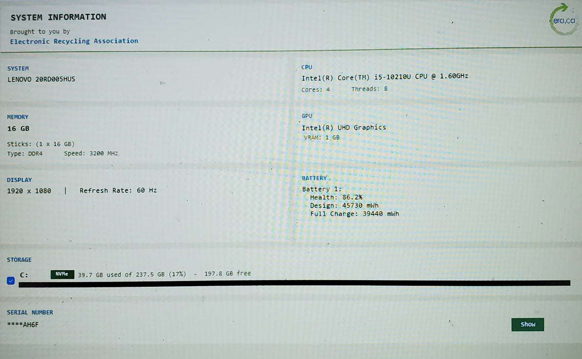 LENOVO THINKPAD E15 GEN 1 15.6" i5-10210U @1.60 16GB RAM 256GB SSD READ