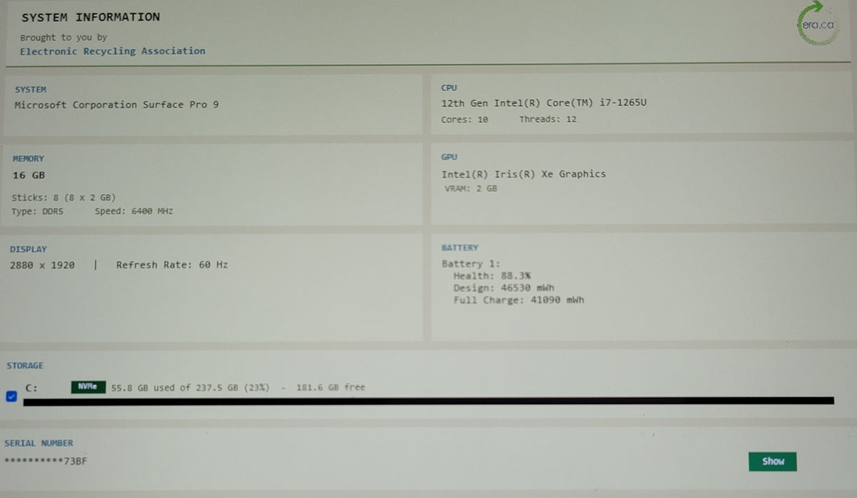 Microsoft Surface Pro 9 2308 i7-1265U 16GB DDR5 256GB NVMe No Type Cover