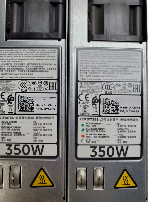 Lot 2x Dell 0Y8Y65 PowerEdge Server Power Supply - 350W 80+ Platinum