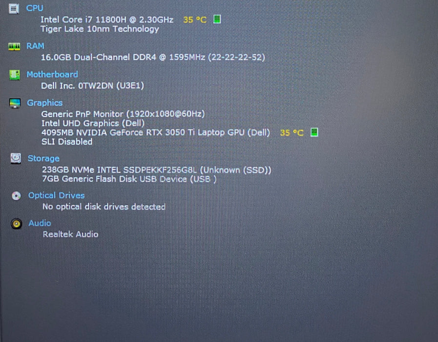 Dell Vostro 15 7510 i7-11800H RTX3050Ti GPU 16GB RAM 256SSD "Fair" Battery READ!