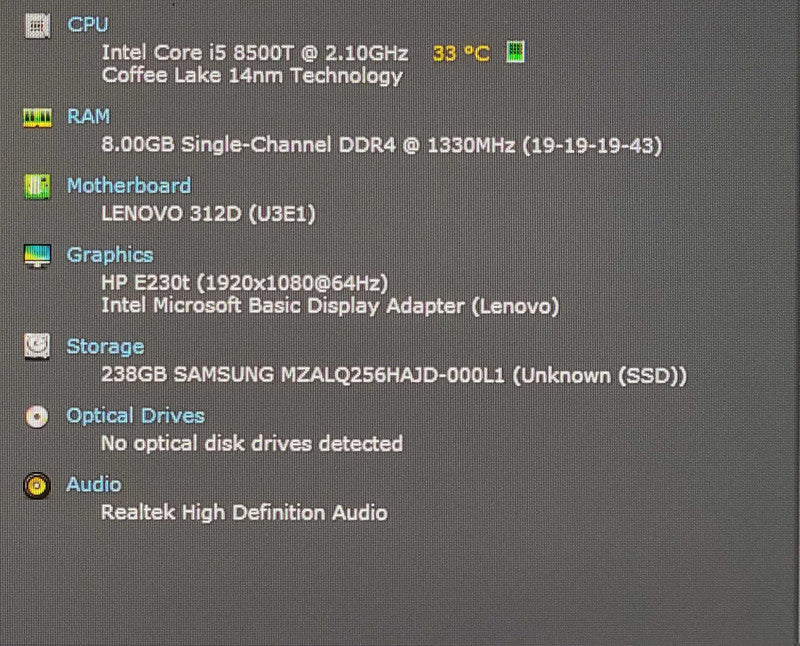 Lenovo ThinkCentre M720Q, i5-8500T 2.10GHz 6C, 8GB DDR4, 256GB NVMe, WiFi