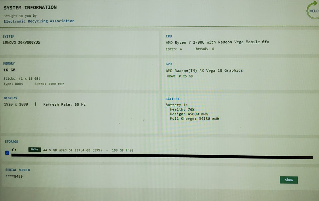 LENOVO THINKPAD E585 RYZEN 7 2700U@1.90 16GB RAM 256GB NVMe READ