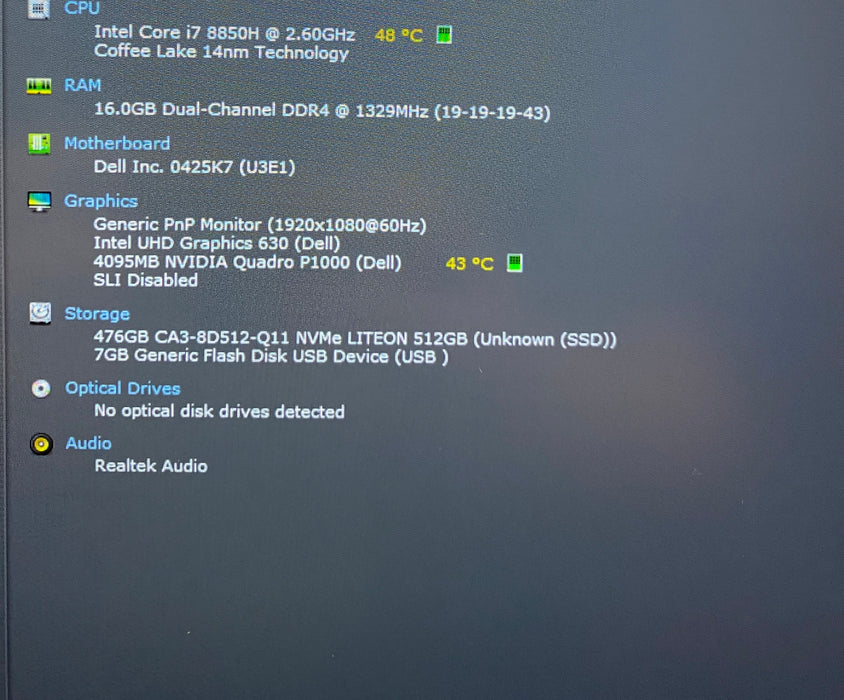 Dell Precision 7530 Core i7-8850H 2.6GHz QUADRO P1000 4GB GPU 16GB RAM 512GB SSD